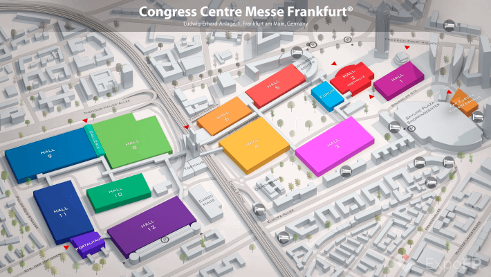With 26 restaurants, 77 cafés and food stands, 3 first aid stations, more than 1,000 WiFi hotspots, Frankfurt Messe covers an area of 590,000 square meters.